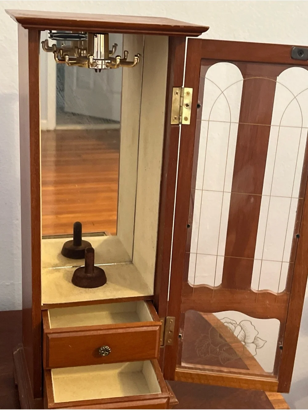 Vintage Tall Wooden Jewelry Armoire with Glass Front and Rose Detail